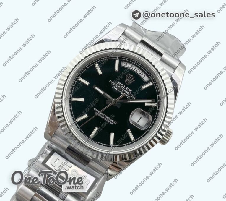 Реплика часов Rolex DayDate 40 Stainless steel Top-tier Копия один в один 904L Steel Black Dial Stick Marker on President Bracelet V5 (Увеличенный вес)