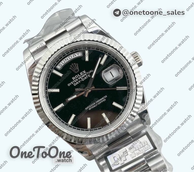 Реплика часов Rolex DayDate 40 Stainless steel Top-tier Копия один в один 904L Steel Black Dial Stick Marker on President Bracelet V5 (Увеличенный вес)