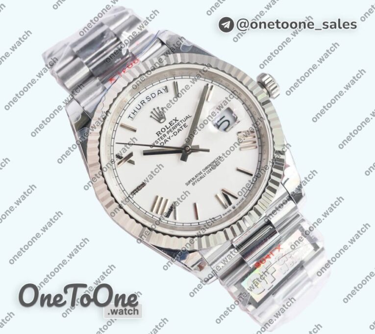 Реплика часов Rolex DayDate 40 Stainless steel Top-tier Копия один в один 904L Steel White Dial Roman Marker on President Bracelet V5 (Увеличенный вес)