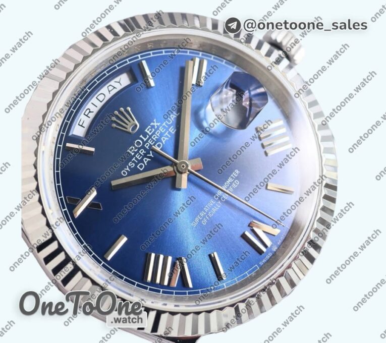 Реплика часов Rolex DayDate 40 Stainless steel Top-tier Копия один в один 904L Steel Blue Dial Roman Marker on President Bracelet V5 (Увеличенный вес)
