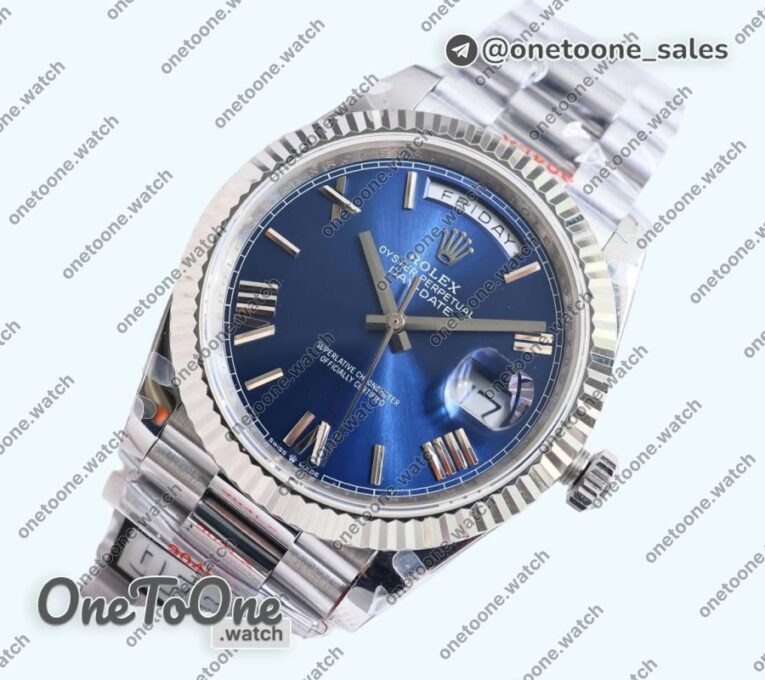 Реплика часов Rolex DayDate 40 Stainless steel Top-tier Копия один в один 904L Steel Blue Dial Roman Marker on President Bracelet V5 (Увеличенный вес)