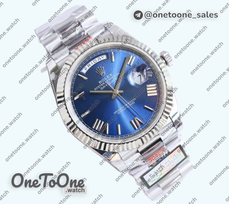 Реплика часов Rolex DayDate 40 Stainless steel Top-tier Копия один в один 904L Steel Blue Dial Roman Marker on President Bracelet V5 (Увеличенный вес)