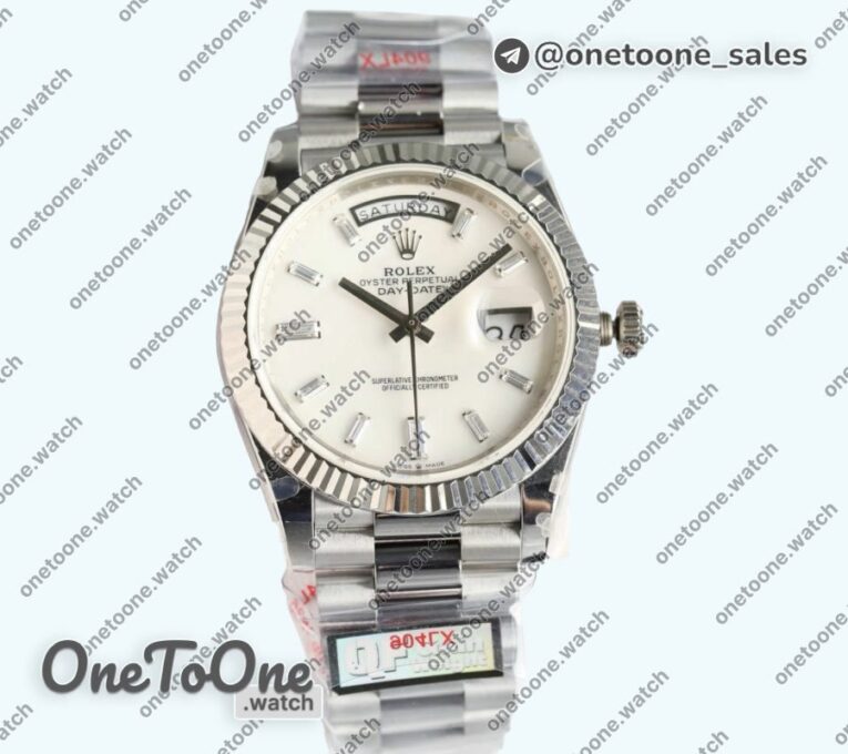 Реплика часов Rolex DayDate 40 Stainless steel Top-tier Копия один в один 904L Steel White Dial Crystal Marker on President Bracelet V5 (Увеличенный вес)