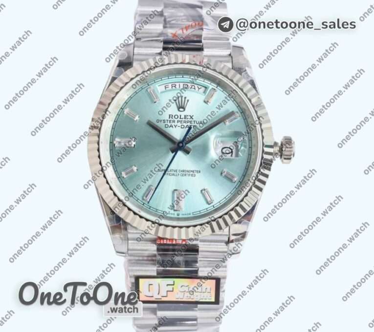 Реплика часов Rolex DayDate 40 Stainless steel Top-tier Копия один в один 904L Steel Ice Blue Dial Crystal Marker on President Bracelet V5 (Увеличенный вес)