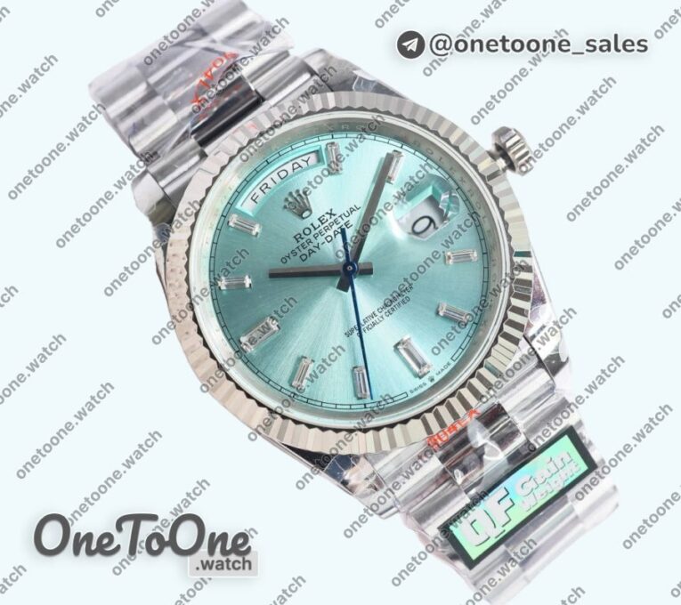 Реплика часов Rolex DayDate 40 Stainless steel Top-tier Копия один в один 904L Steel Ice Blue Dial Crystal Marker on President Bracelet V5 (Увеличенный вес)