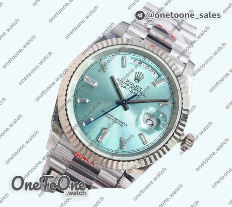 Реплика часов Rolex DayDate 40 Stainless steel Top-tier Копия один в один 904L Steel Ice Blue Dial Crystal Marker on President Bracelet V5 (Увеличенный вес)