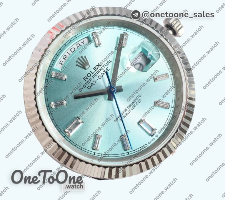 Реплика часов Rolex DayDate 40 Stainless steel Top-tier Копия один в один 904L Steel Ice Blue Dial Crystal Marker on President Bracelet V5 (Увеличенный вес)