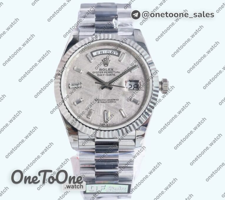 Реплика часов Rolex DayDate 40 Stainless steel Top-tier Копия один в один 904L Steel meteorite Dial Crystal Marker on President Bracelet V5 (Увеличенный вес)