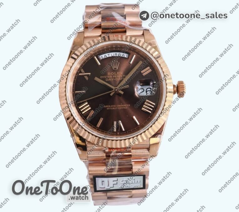 Реплика часов Rolex DayDate 40 Rose gold Top-tier Копия один в один 904L Steel Brown Dial Roman Marker on President Bracelet V5 (Увеличенный вес)