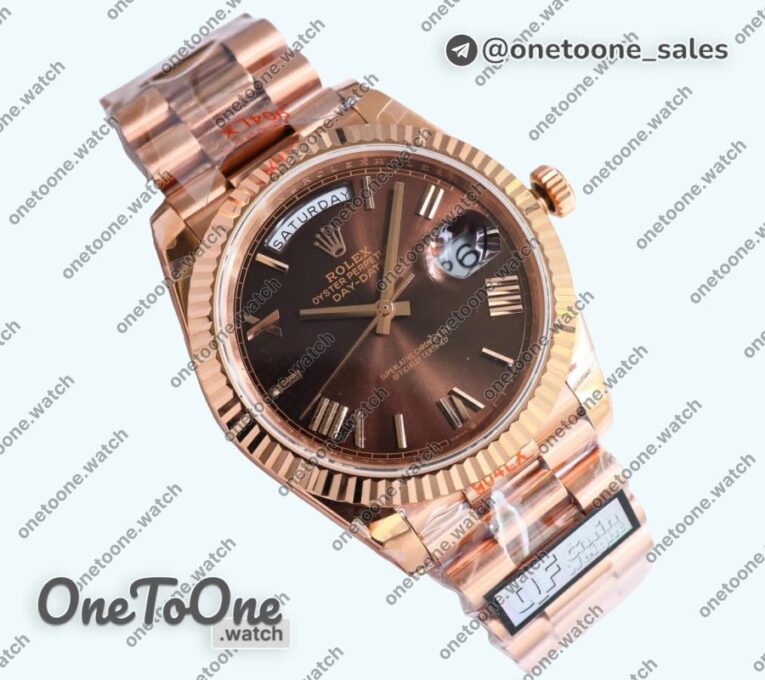 Реплика часов Rolex DayDate 40 Rose gold Top-tier Копия один в один 904L Steel Brown Dial Roman Marker on President Bracelet V5 (Увеличенный вес)