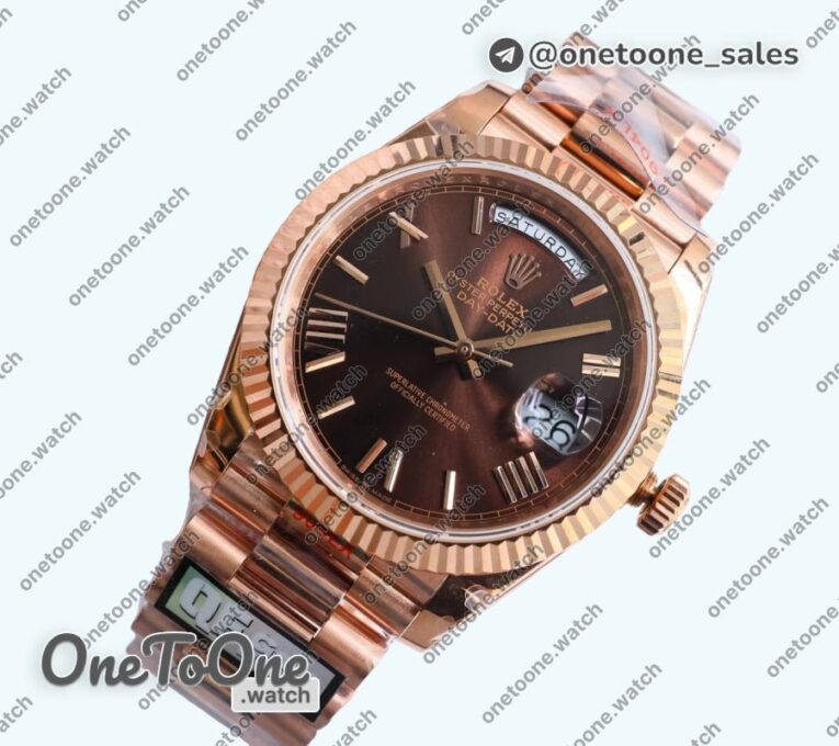 Реплика часов Rolex DayDate 40 Rose gold Top-tier Копия один в один 904L Steel Brown Dial Roman Marker on President Bracelet V5 (Увеличенный вес)