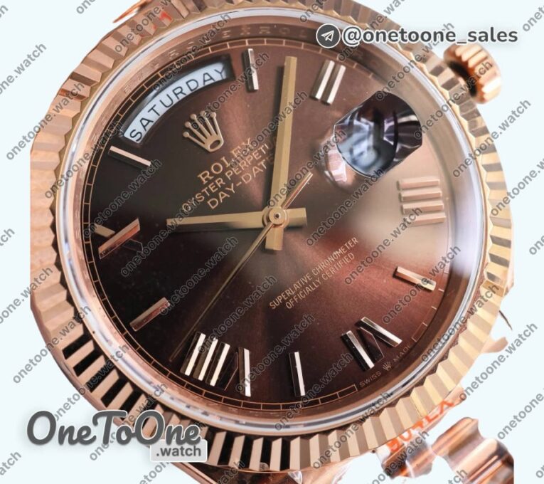 Реплика часов Rolex DayDate 40 Rose gold Top-tier Копия один в один 904L Steel Brown Dial Roman Marker on President Bracelet V5 (Увеличенный вес)