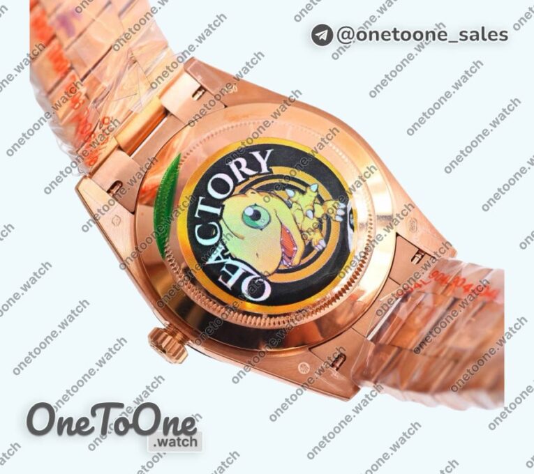 Реплика часов Rolex DayDate 40 Rose gold Top-tier Копия один в один 904L Steel Brown Dial Roman Marker on President Bracelet V5 (Увеличенный вес)