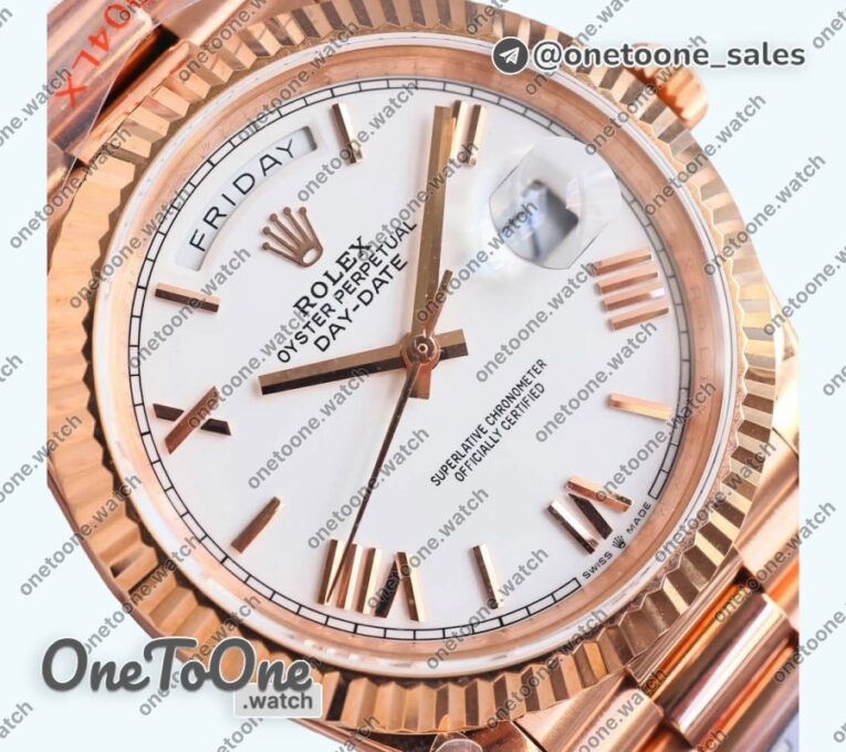 Реплика часов Rolex DayDate 40 Rose gold Top-tier Копия один в один 904L Steel White Dial Roman Marker on President Bracelet V5 (Увеличенный вес)