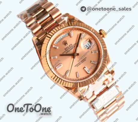 Реплика часов Rolex DayDate 40 Rose gold Top-tier Копия один в один 904L Steel Rose gold Dial Crystal Marker on President Bracelet V5 (Увеличенный вес)