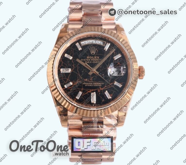 Реплика часов Rolex DayDate 40 Rose gold Top-tier Копия один в один 904L Steel Meteorite Dial Crystal Marker on President Bracelet V5 (Увеличенный вес)