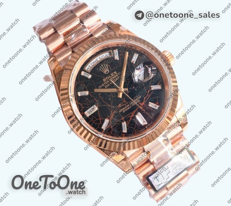 Реплика часов Rolex DayDate 40 Rose gold Top-tier Копия один в один 904L Steel Meteorite Dial Crystal Marker on President Bracelet V5 (Увеличенный вес)