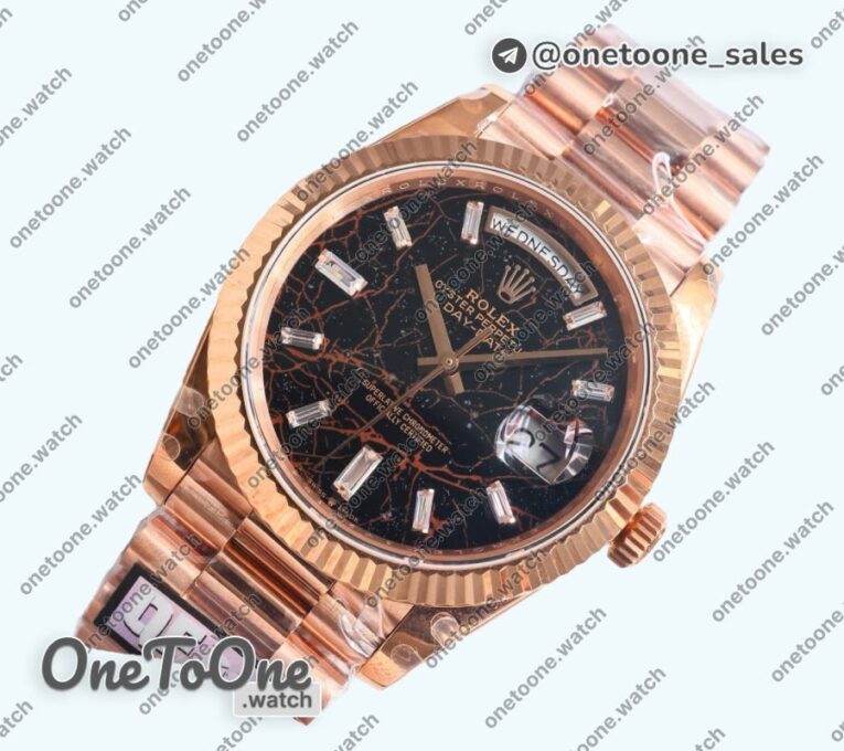 Реплика часов Rolex DayDate 40 Rose gold Top-tier Копия один в один 904L Steel Meteorite Dial Crystal Marker on President Bracelet V5 (Увеличенный вес)