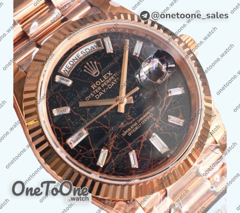 Реплика часов Rolex DayDate 40 Rose gold Top-tier Копия один в один 904L Steel Meteorite Dial Crystal Marker on President Bracelet V5 (Увеличенный вес)