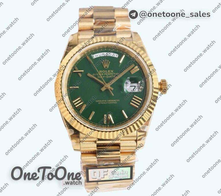 Реплика часов Rolex DayDate 40 Yellow gold Top-tier Копия один в один 904L Steel Green Dial Roman Marker on President Bracelet V5 (Увеличенный вес)