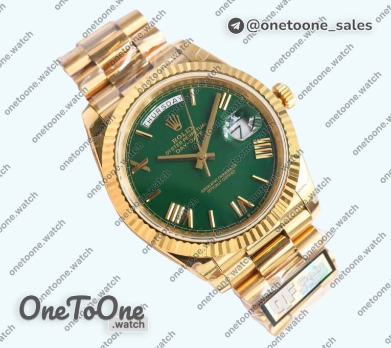 Реплика часов Rolex DayDate 40 Yellow gold Top-tier Копия один в один 904L Steel Green Dial Roman Marker on President Bracelet V5 (Увеличенный вес)