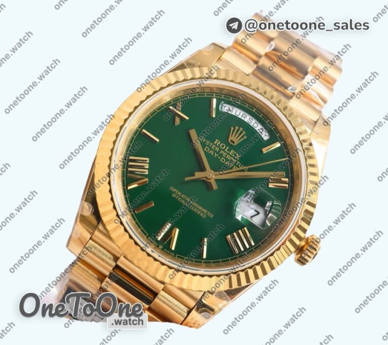 Реплика часов Rolex DayDate 40 Yellow gold Top-tier Копия один в один 904L Steel Green Dial Roman Marker on President Bracelet V5 (Увеличенный вес)