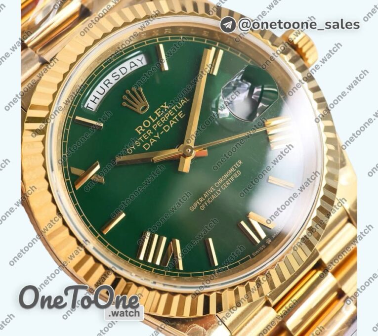 Реплика часов Rolex DayDate 40 Yellow gold Top-tier Копия один в один 904L Steel Green Dial Roman Marker on President Bracelet V5 (Увеличенный вес)
