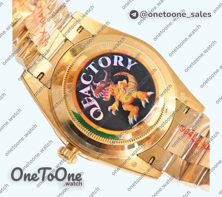 Реплика часов Rolex DayDate 40 Yellow gold Top-tier Копия один в один 904L Steel Green Dial Roman Marker on President Bracelet V5 (Увеличенный вес)