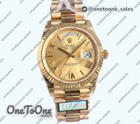 Реплика часов Rolex DayDate 40 Yellow gold Top-tier Копия один в один 904L Steel Gold Dial Roman Marker on President Bracelet V5 (Увеличенный вес)