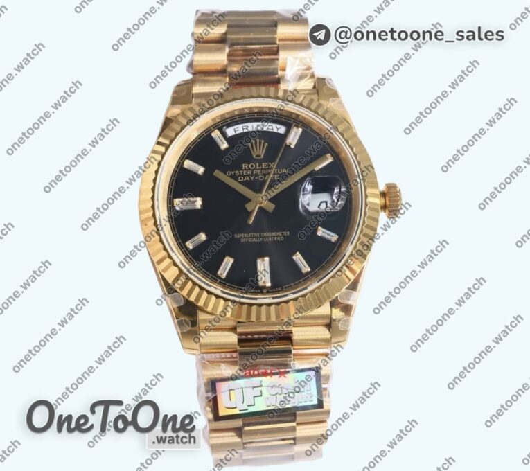Реплика часов Rolex DayDate 40 Yellow gold Top-tier Копия один в один 904L Steel Black Dial Crystal Marker on President Bracelet V5 (Увеличенный вес)