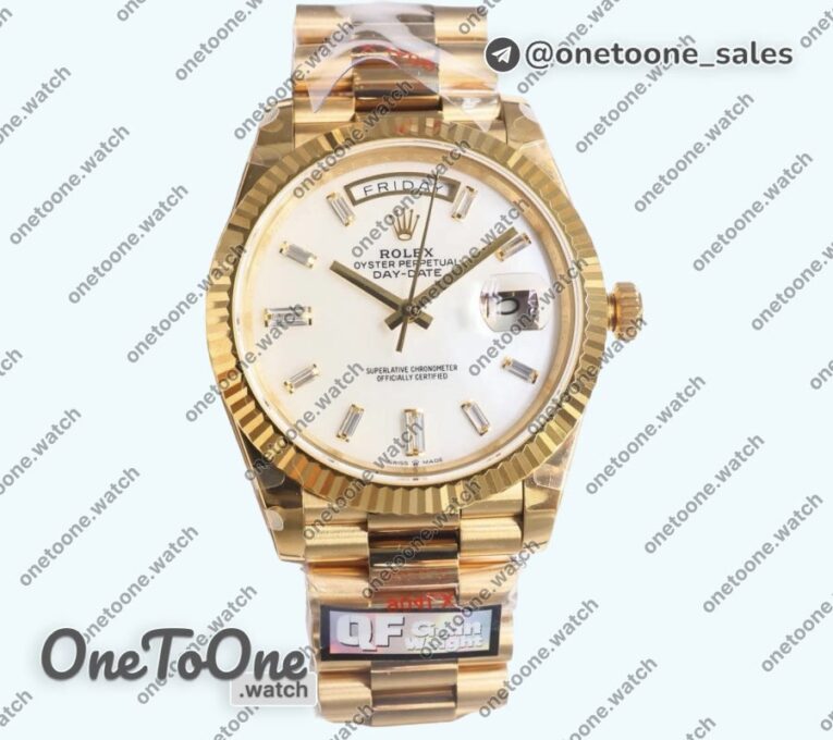 Реплика часов Rolex DayDate 40 Yellow gold Top-tier Копия один в один 904L Steel MOP Dial Crystal Marker on President Bracelet V5 (Увеличенный вес)