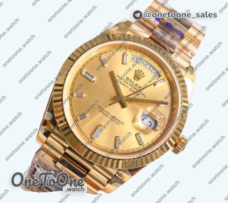 Реплика часов Rolex DayDate 40 Yellow gold Top-tier Копия один в один 904L Steel Gold Dial Crystal Marker on President Bracelet V5 (Увеличенный вес)