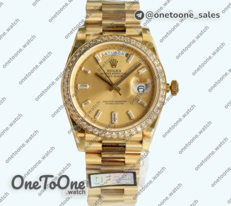 Реплика часов Rolex DayDate 40 Yellow gold Top-tier Копия один в один 904L Steel Gold Dial Crystal Marker Diamonds Bezel on President Bracelet V5 (Увеличенный вес)