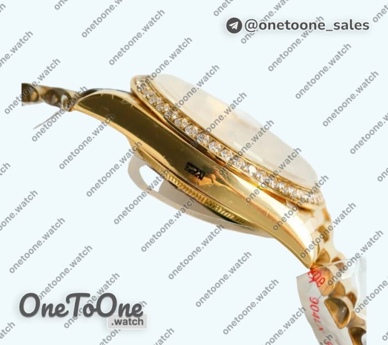 Реплика часов Rolex DayDate 40 Yellow gold Top-tier Копия один в один 904L Steel Gold Dial Crystal Marker Diamonds Bezel on President Bracelet V5 (Увеличенный вес)