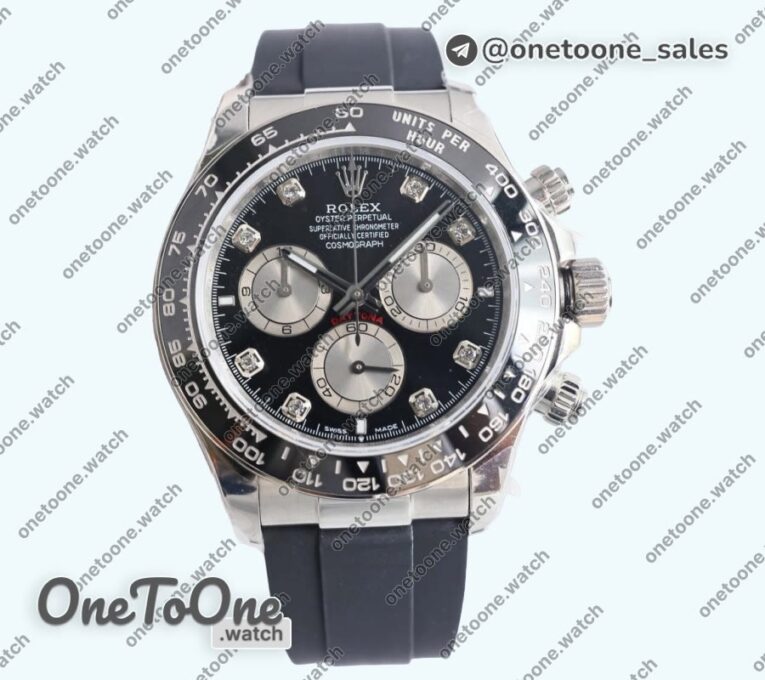 Реплика часов Rolex Daytona 126519 Stainless steel Top-tier Копия один в один Black/Silver Dial Diamonds Marker on Oysterflex Rubber Strap (Увеличенный вес)