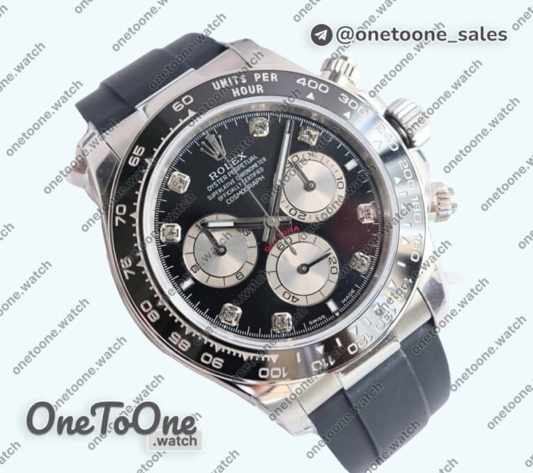 Реплика часов Rolex Daytona 126519 Stainless steel Top-tier Копия один в один Black/Silver Dial Diamonds Marker on Oysterflex Rubber Strap (Увеличенный вес)