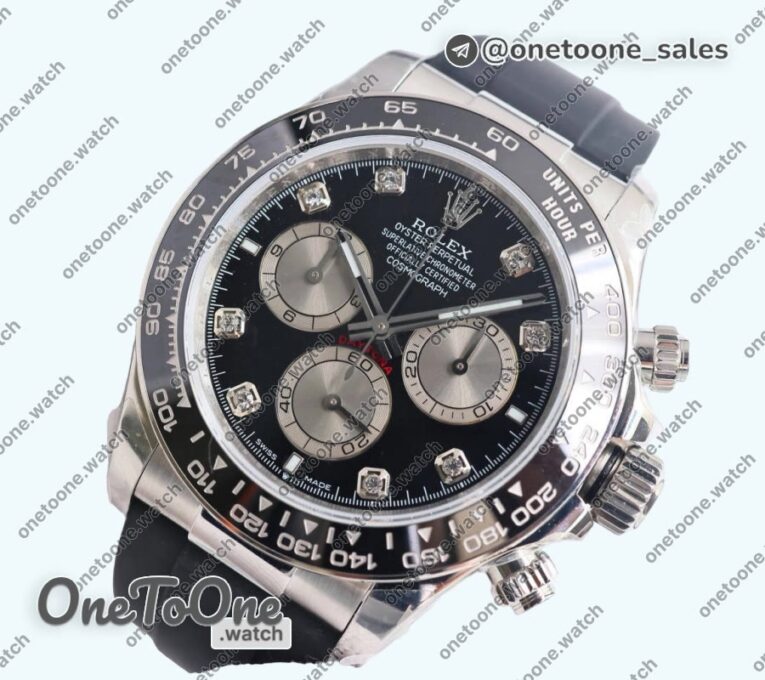 Реплика часов Rolex Daytona 126519 Stainless steel Top-tier Копия один в один Black/Silver Dial Diamonds Marker on Oysterflex Rubber Strap (Увеличенный вес)