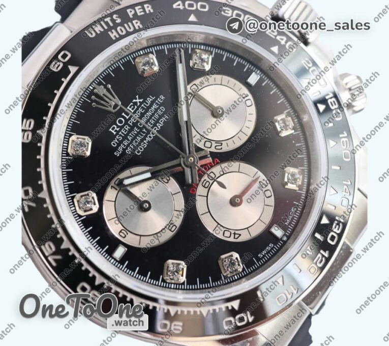 Реплика часов Rolex Daytona 126519 Stainless steel Top-tier Копия один в один Black/Silver Dial Diamonds Marker on Oysterflex Rubber Strap (Увеличенный вес)
