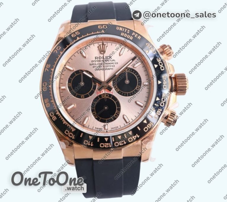Реплика часов Rolex Daytona 126515 Rose gold Top-tier Копия один в один Rose gold/Black Dial on Oysterflex Rubber Strap (Увеличенный вес)