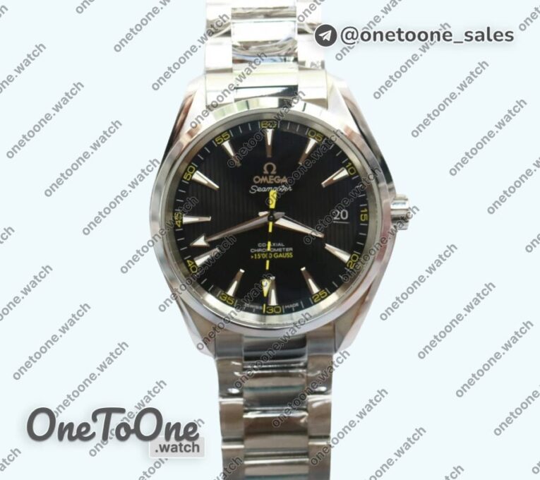 Реплика часов Omega Aqua Terra 150M Stainless steel Top-tier Копия один в один Black Textured Dial Yellow Number on Stainless steel Bracelet