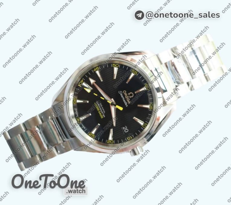 Реплика часов Omega Aqua Terra 150M Stainless steel Top-tier Копия один в один Black Textured Dial Yellow Number on Stainless steel Bracelet