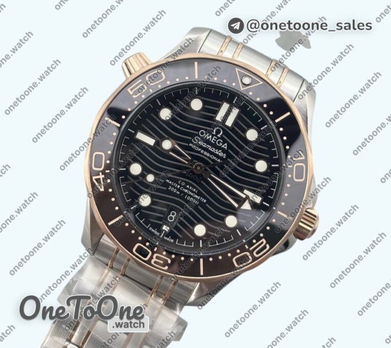Реплика часов Omega Seamaster Diver 300M Rose gold/Stainless steel Ceramic Bezel Top-tier Копия один в один Black Dial on Bracelet J