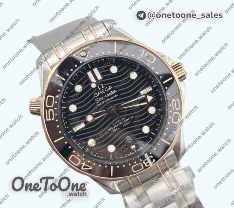 Реплика часов Omega Seamaster Diver 300M Rose gold/Stainless steel Ceramic Bezel Top-tier Копия один в один Black Dial on Bracelet J