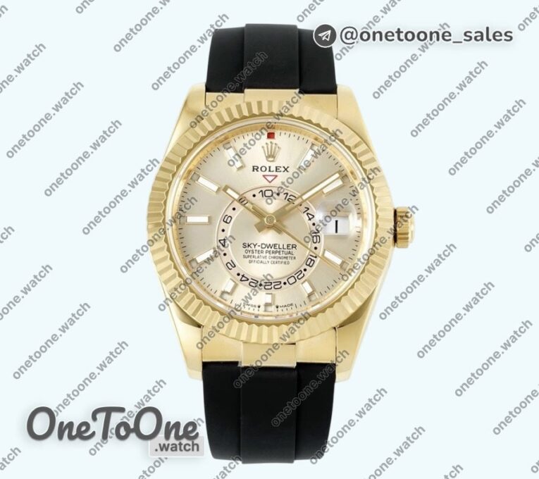 Реплика часов Rolex Sky-Dweller 336238 Увеличенный вес Yellow gold Top-tier Копия один в один Gold Dial On Oysterflex Rubber Strap Asian 2824