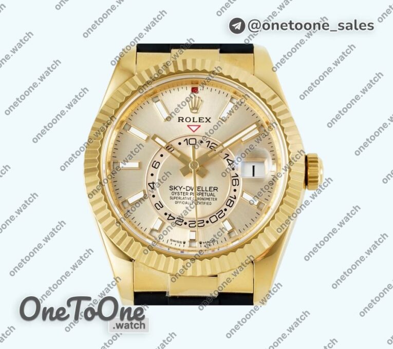 Реплика часов Rolex Sky-Dweller 336238 Увеличенный вес Yellow gold Top-tier Копия один в один Gold Dial On Oysterflex Rubber Strap Asian 2824