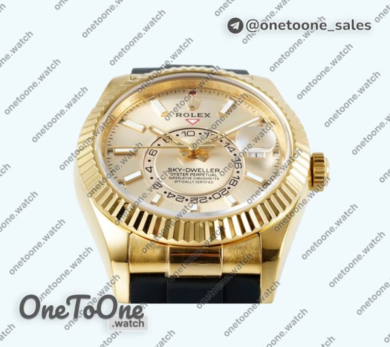 Реплика часов Rolex Sky-Dweller 336238 Увеличенный вес Yellow gold Top-tier Копия один в один Gold Dial On Oysterflex Rubber Strap Asian 2824