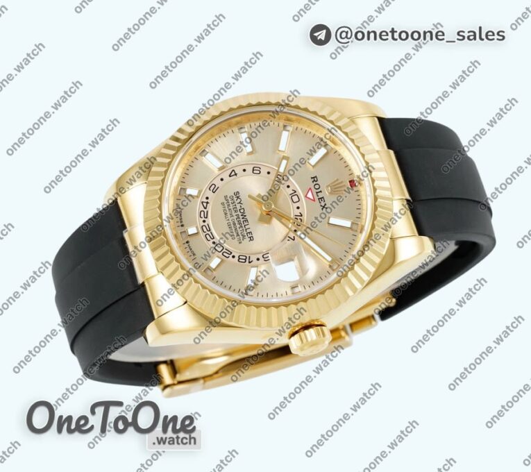 Реплика часов Rolex Sky-Dweller 336238 Увеличенный вес Yellow gold Top-tier Копия один в один Gold Dial On Oysterflex Rubber Strap Asian 2824