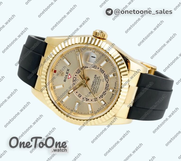 Реплика часов Rolex Sky-Dweller 336238 Увеличенный вес Yellow gold Top-tier Копия один в один Gold Dial On Oysterflex Rubber Strap Asian 2824