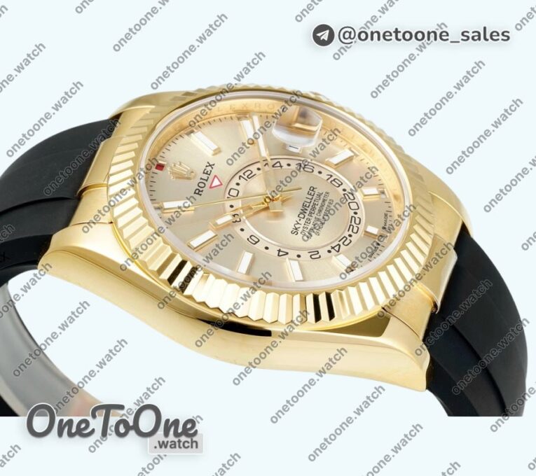 Реплика часов Rolex Sky-Dweller 336238 Увеличенный вес Yellow gold Top-tier Копия один в один Gold Dial On Oysterflex Rubber Strap Asian 2824