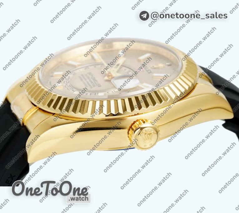 Реплика часов Rolex Sky-Dweller 336238 Увеличенный вес Yellow gold Top-tier Копия один в один Gold Dial On Oysterflex Rubber Strap Asian 2824